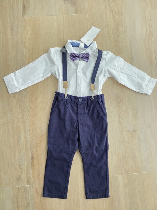 H&M Other - H&M Baby Formal Outfit NWT 12–18M White Shirt Navy Pants Suspenders Bow Tie
